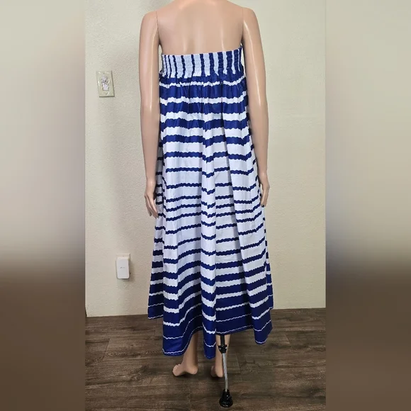 NF Striped 100% Cotton Box Pleated Maxi Skirt Blue/ White One Size Whit Pockets - Picture 14 of 16
